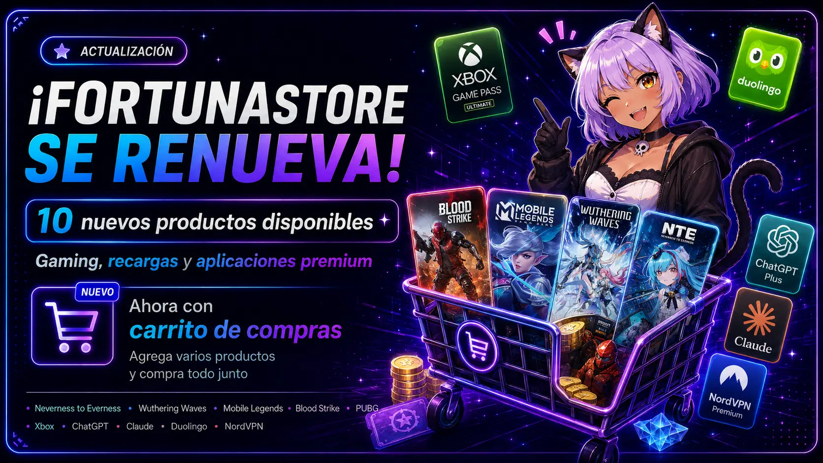 10 nuevos productos y carrito de compras en FortunaStore